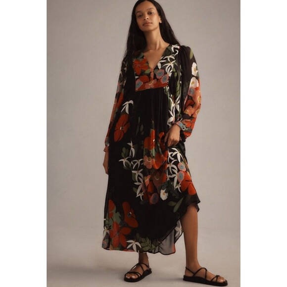 Farm Rio Long-Sleeve V-Neck Floral Maxi Dress M - Picture 9 of 10